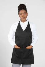 Load image into Gallery viewer, Uncommon Threads Black V-Neck Bib Apron (2 Section Patch Pocket)