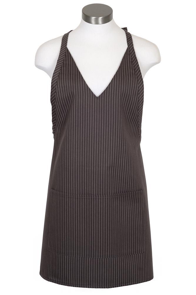 Fame Charcoal V-Neck Pinstripe Bib Adjustable Apron (2 Patch Pockets)